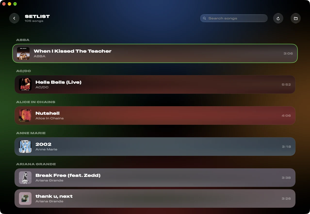 DuoChart for Mac showing the setlist, grouped by artist.
