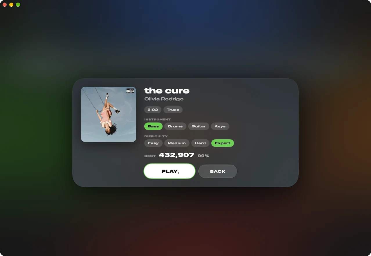 DuoChart for Mac showing the song card for the cure, with instrument and difficulty choices and a best score.
