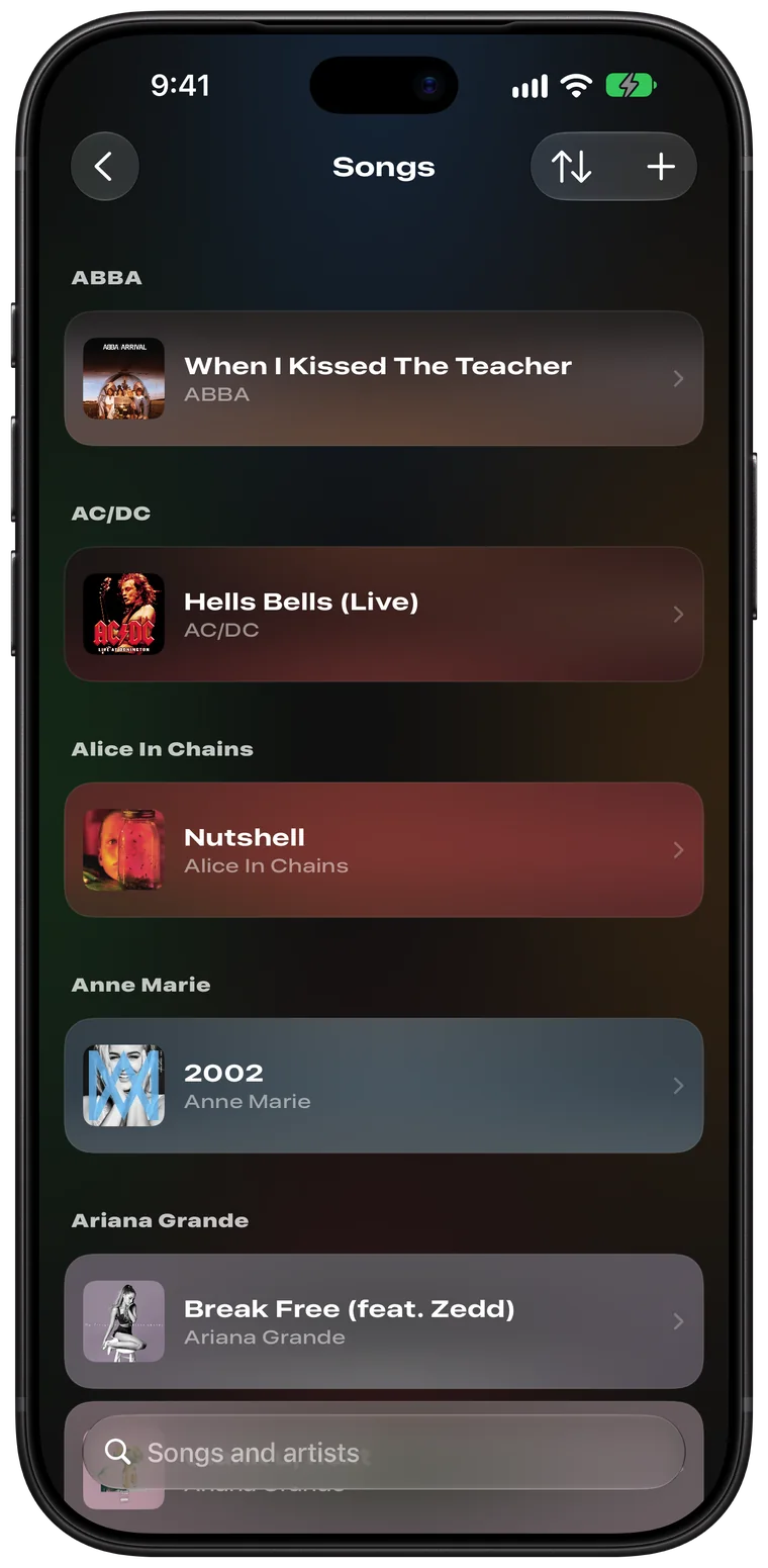 The DuoChart song library on iPhone, grouped by artist with album artwork.