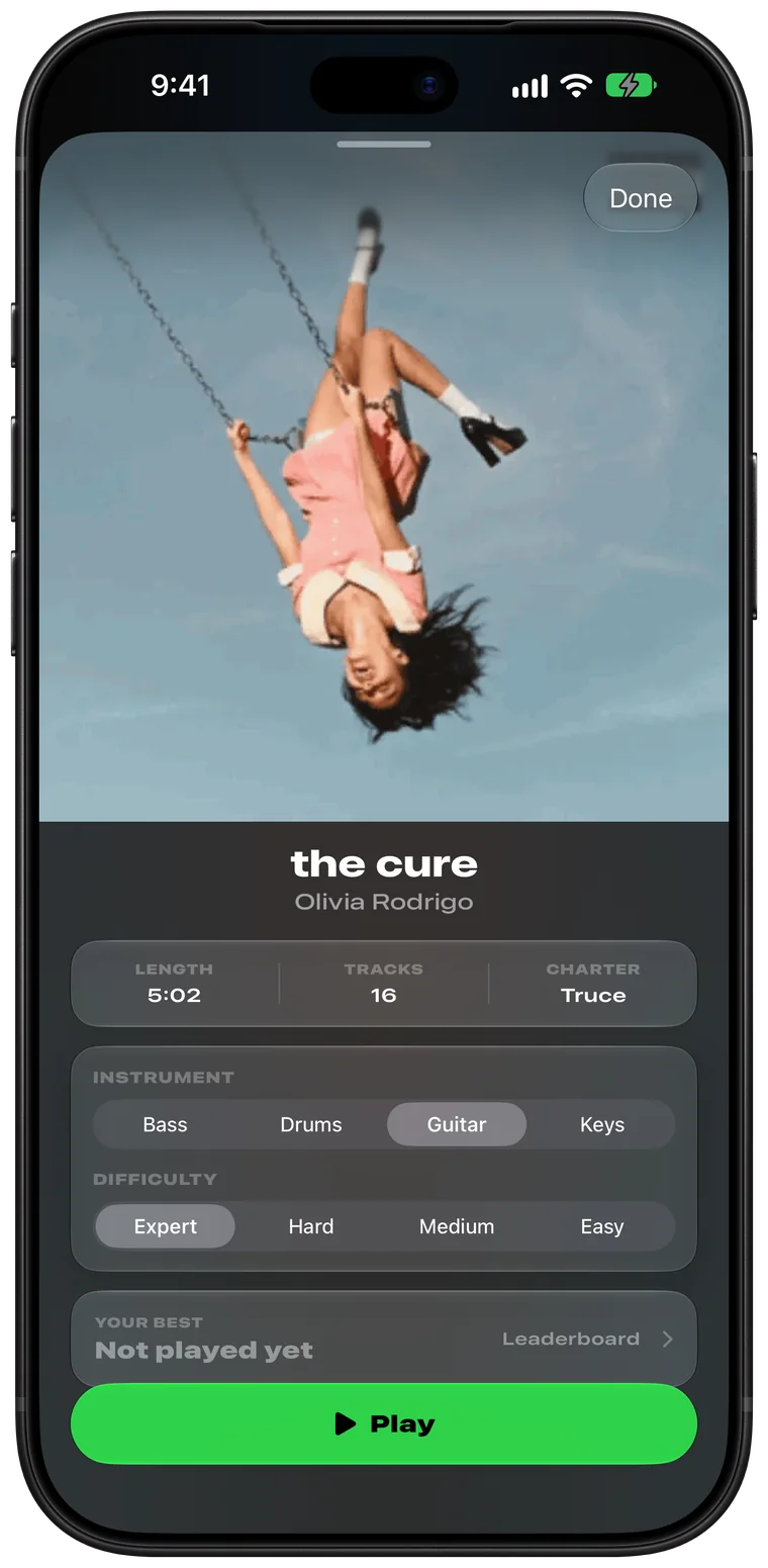 The song card for the cure by Olivia Rodrigo, with instrument and difficulty pickers and a Play button.