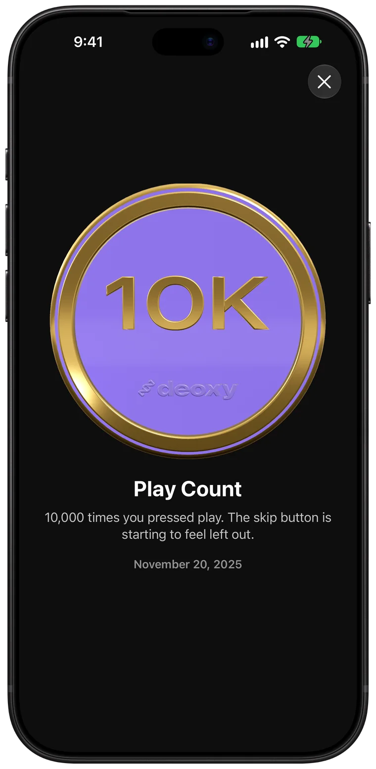 A 10K Play Count medal in gold and violet, earned on November 20, 2025.