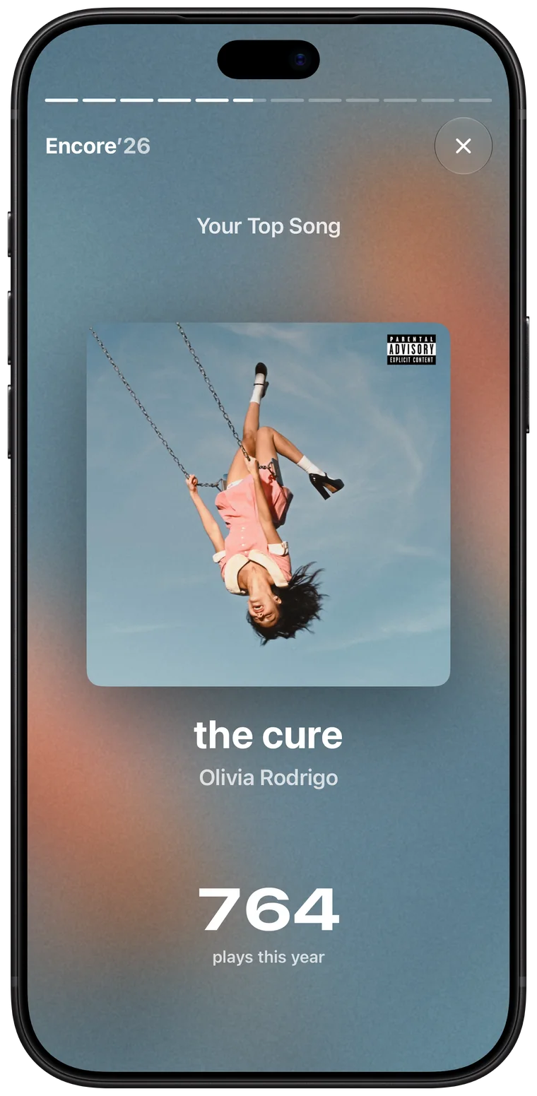 A story page showing the top song of the year, the cure by Olivia Rodrigo, played 764 times.