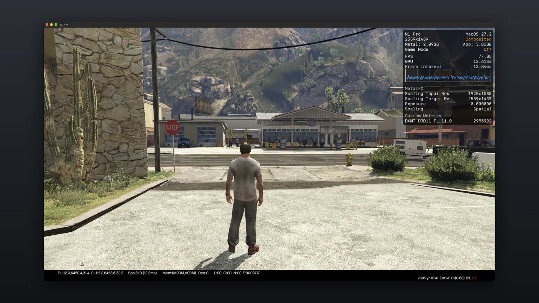 GTA V running natively in a Mac window, with the Metal performance HUD at the top right.