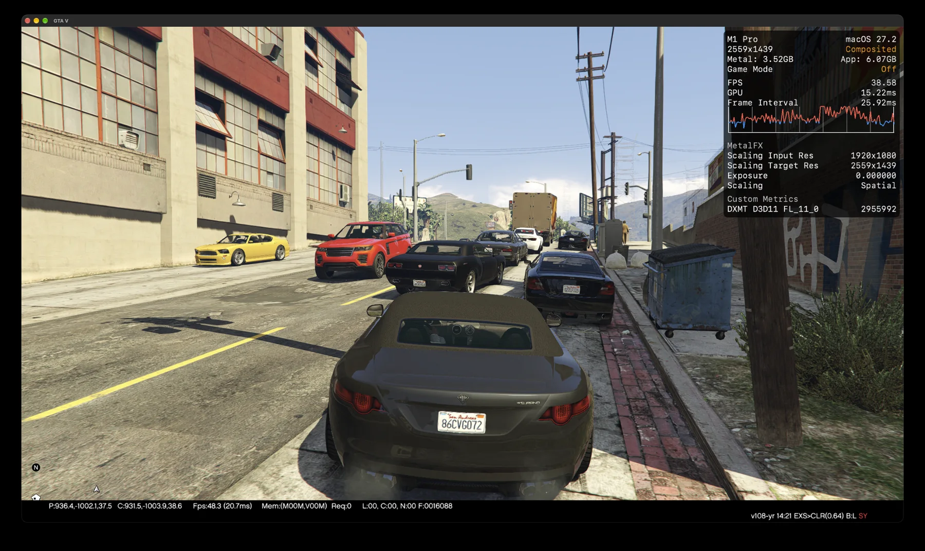 GTA V running natively on a Mac: driving through a Los Santos street, with the Metal performance HUD at the top right.
