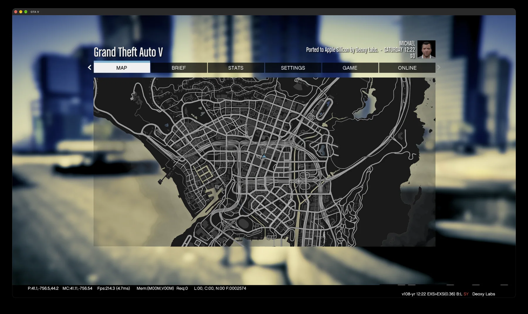 The GTA V pause menu, showing the map of Los Santos.