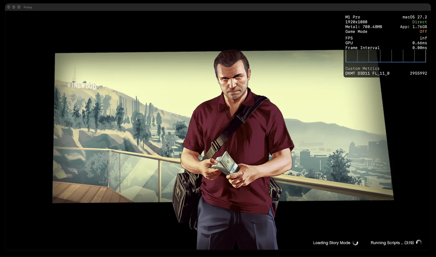 The first loading screen on the Mac, with the Metal performance HUD.