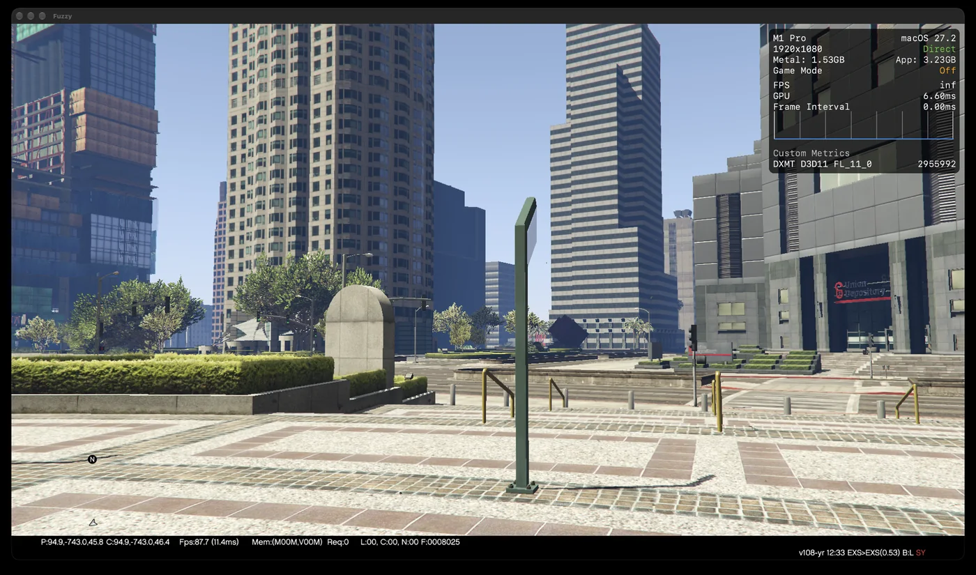 The first frame of the 3D world: a plaza in downtown Los Santos.