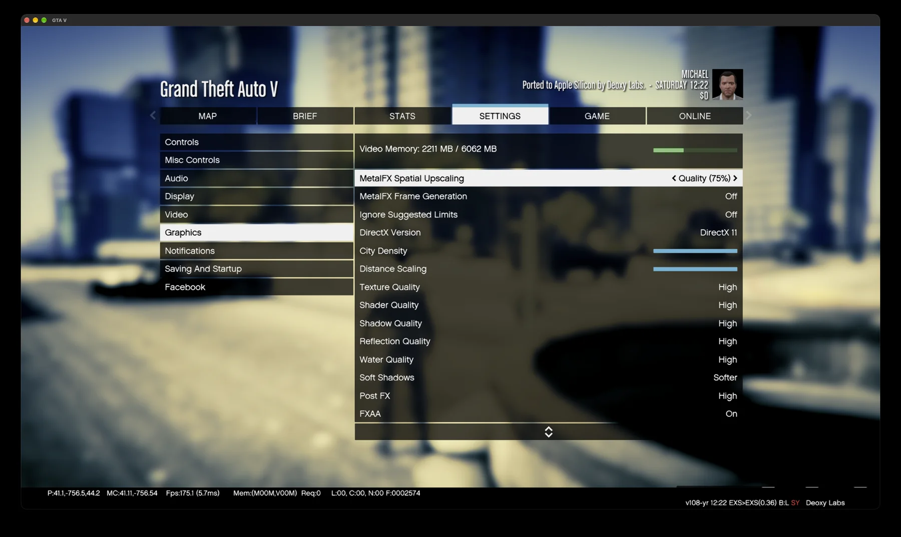 The GTA V graphics settings, credited Ported to Apple silicon by Deoxy Labs, with MetalFX spatial upscaling set to Quality, 75 percent, and a MetalFX frame generation option.