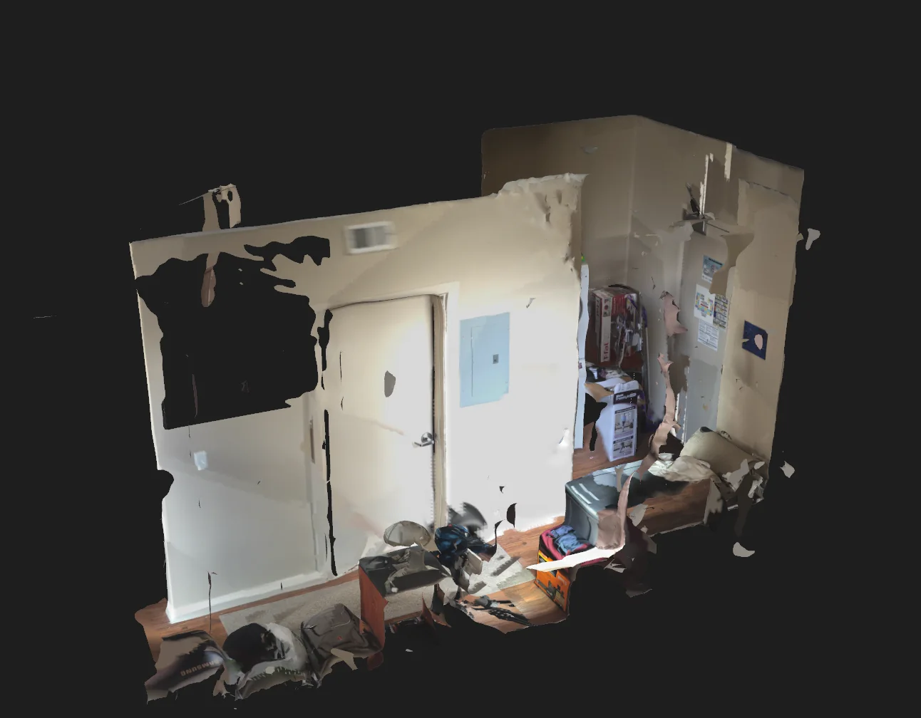 A room scanned with HaloXR II, shown as a textured 3D model.