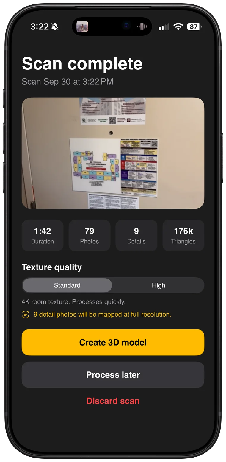 Scan complete: duration, photos, detail captures and triangle count, with texture quality options.