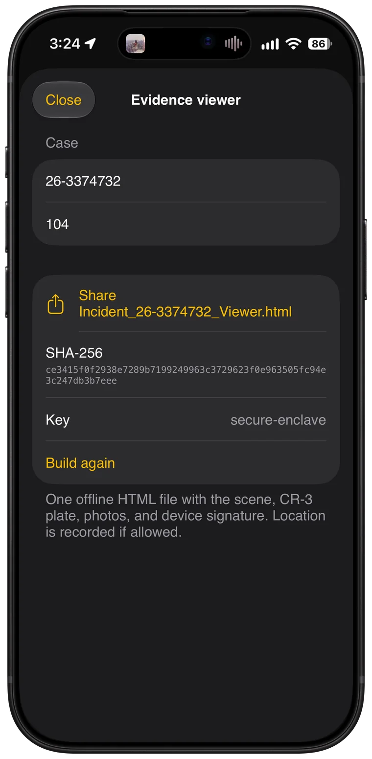 The evidence viewer screen for a case, with its SHA-256 hash and a key held in the Secure Enclave.