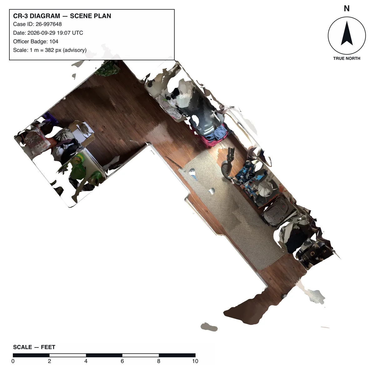 A CR-3 scene plan exported from a scan: a top-down view of the room with a north arrow and a scale in feet.