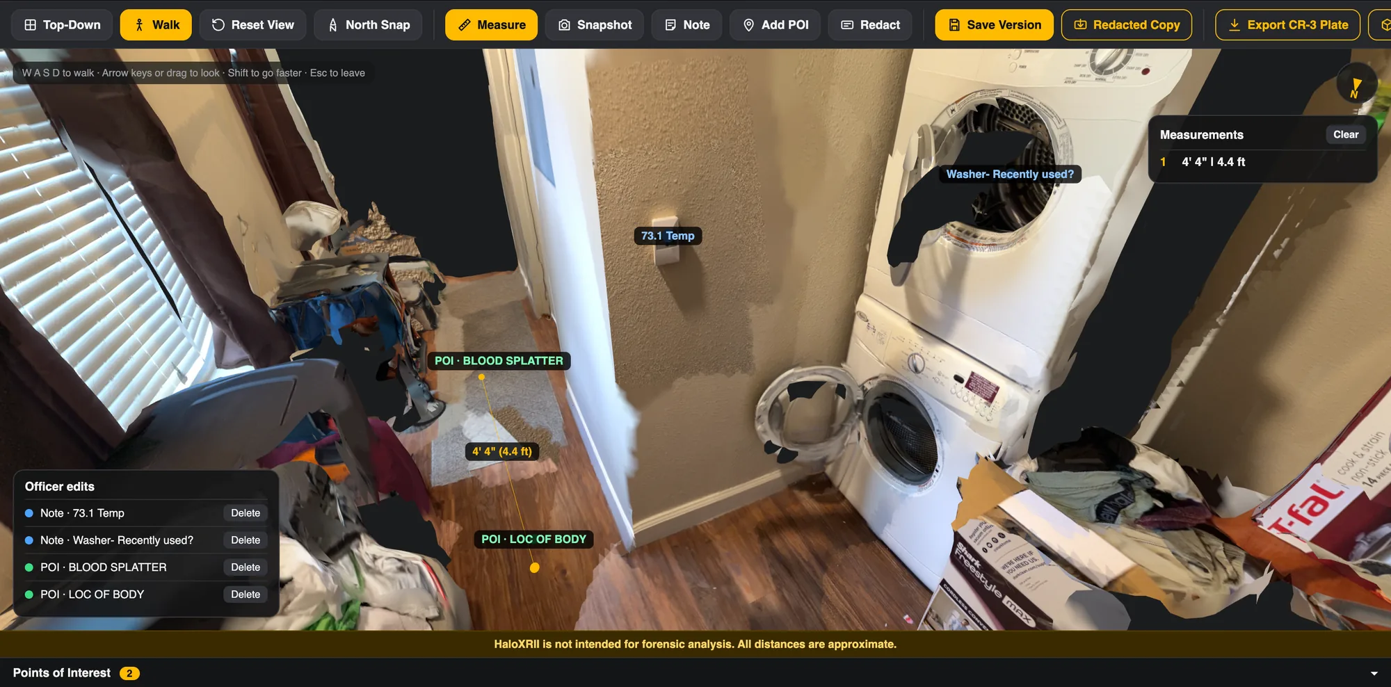 The HaloXR II Viewer in walk mode, with a measurement, two notes and two points of interest attached to a scanned room.