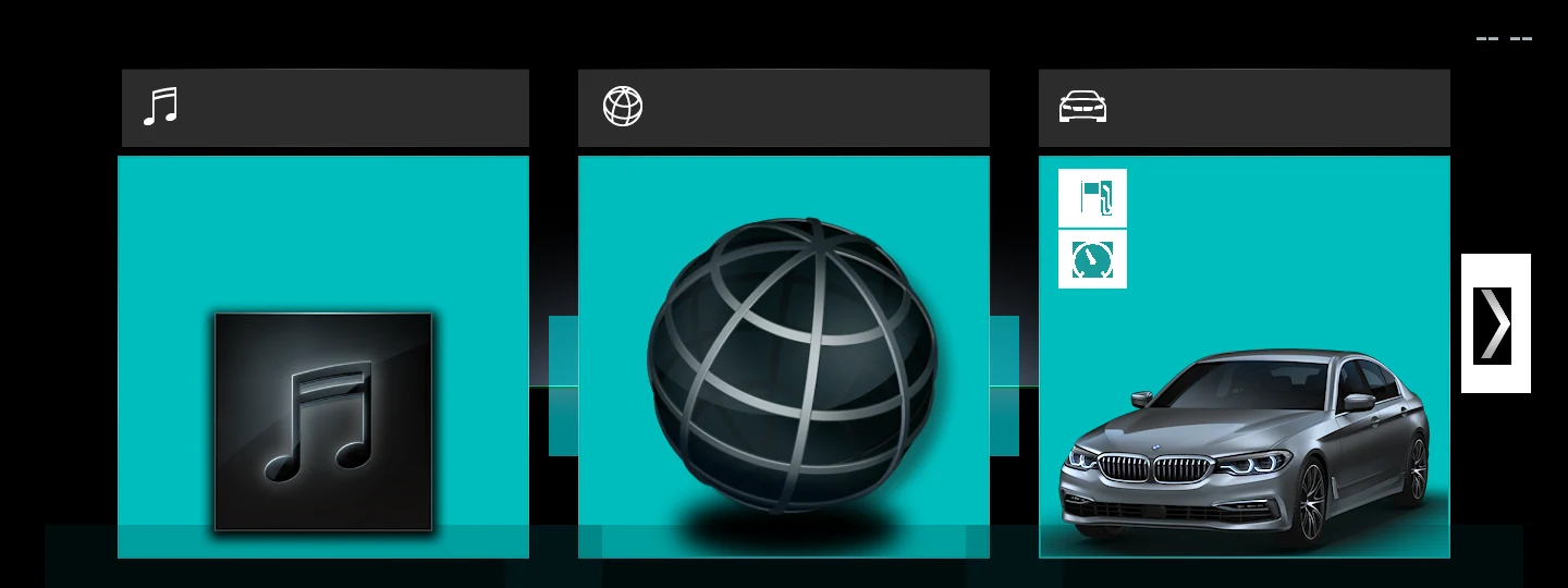 The iDrive 6 home screen, with Media, Navigation and My Vehicle tiles, rendered by the head unit's own software inside the emulator.