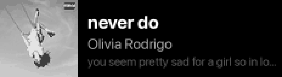 The keyboard display showing never do by Olivia Rodrigo, with its album art.