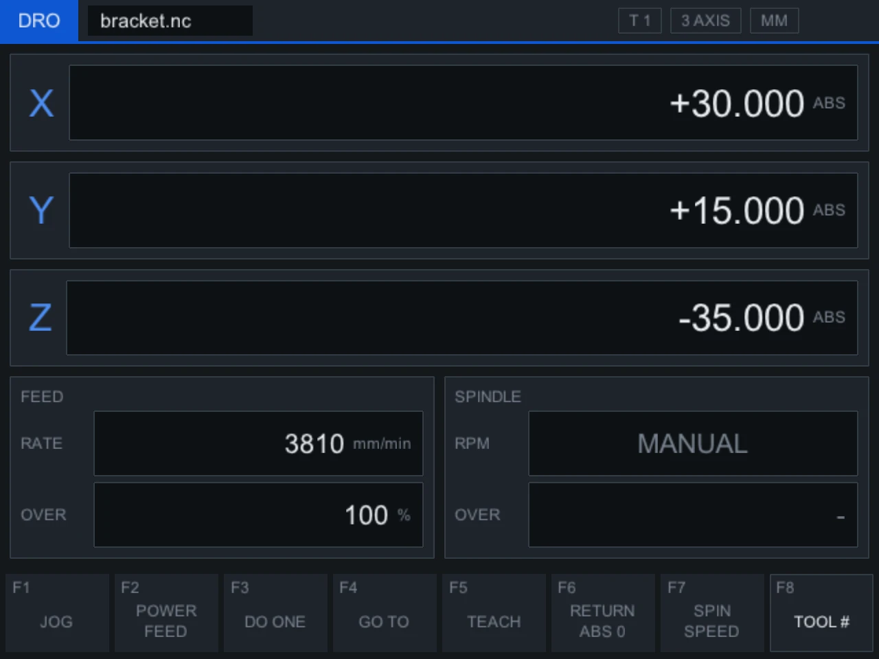 The Rosetta DRO screen: large X, Y and Z readouts, feed rate and override, and a manual spindle.