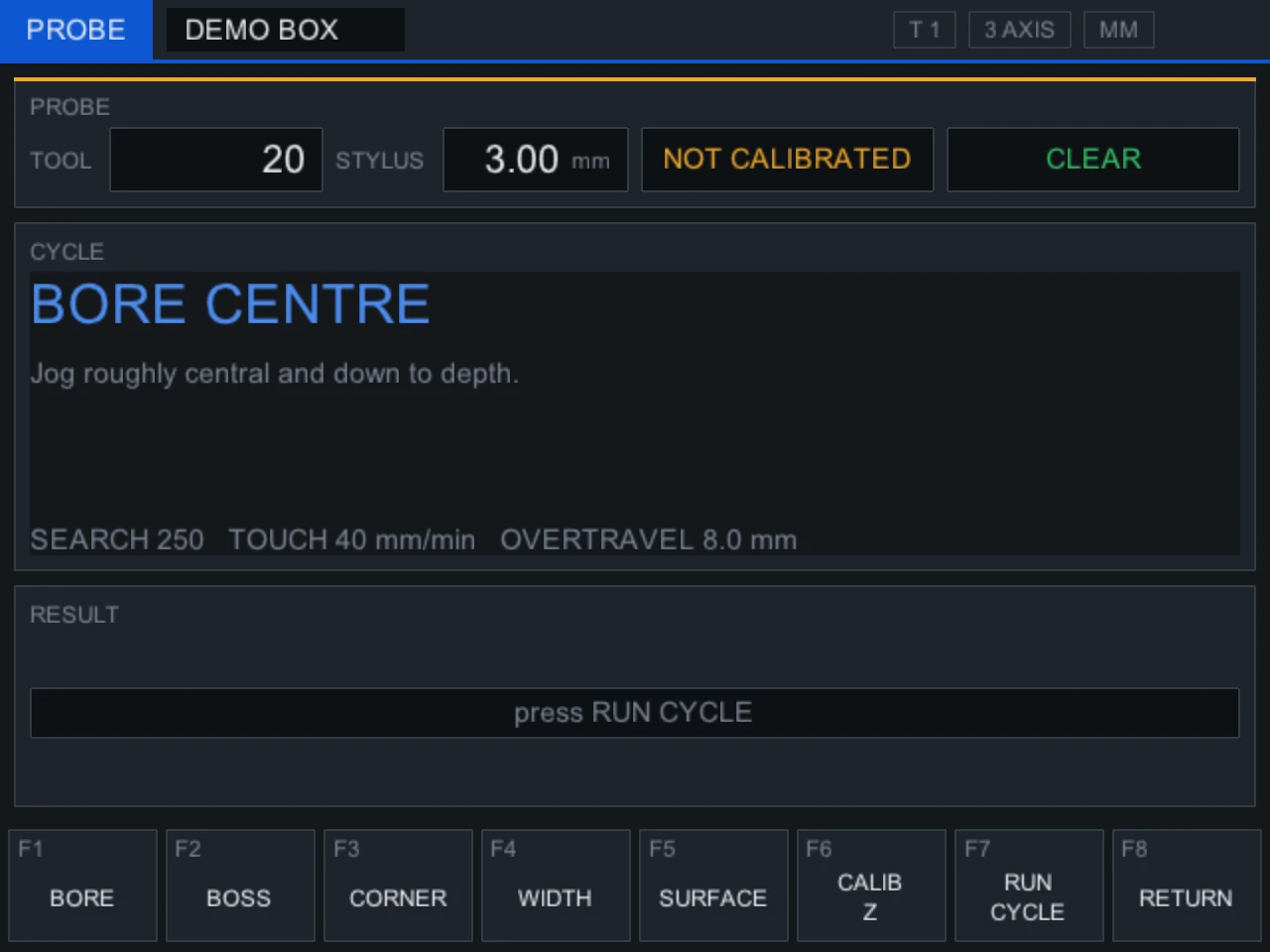 The Rosetta PROBE screen with the Bore Centre cycle selected and the bore, boss, corner, width, surface and calibrate keys.