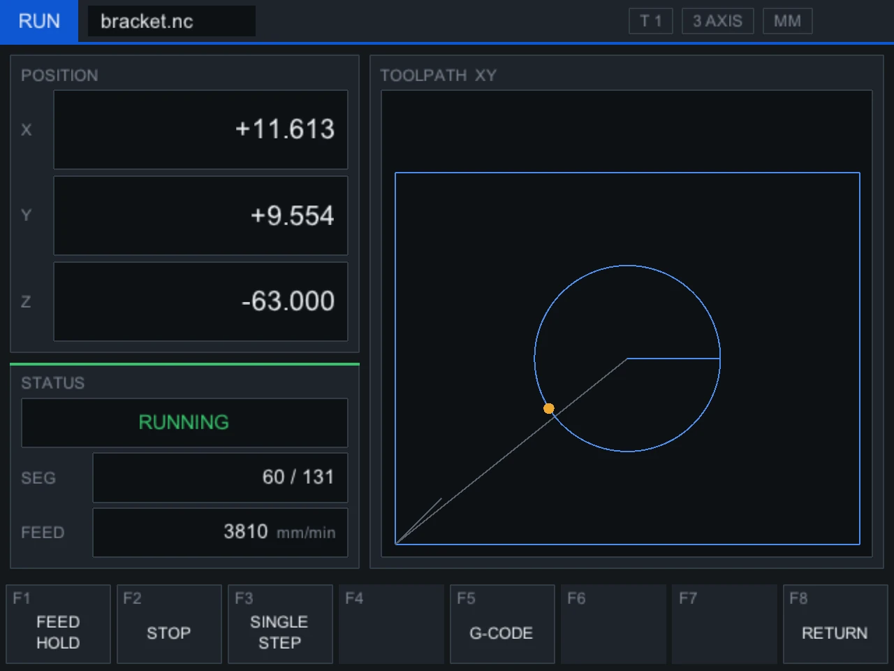 Rosetta running a program: the X, Y and Z position on the left and the tool path drawn live on the right.