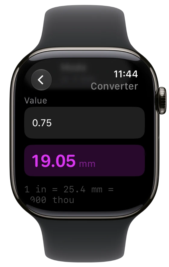 The unit converter on Apple Watch, showing 0.75 inches as 19.05 millimetres.