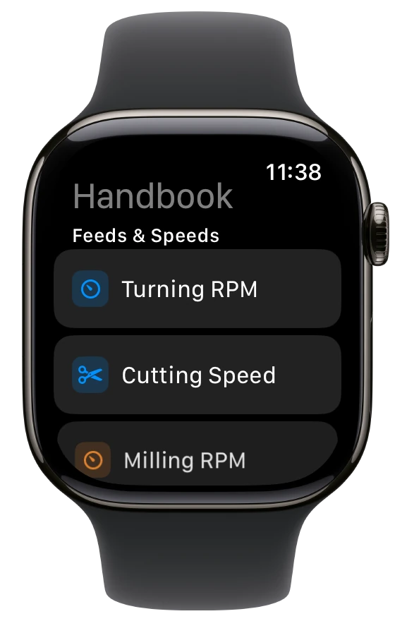 Handbook on Apple Watch, listing Turning RPM, Cutting Speed and Milling RPM.