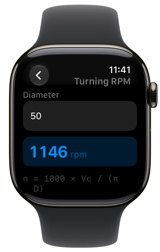 Turning RPM on Apple Watch, showing a diameter of 50 and a result of 1146 rpm.